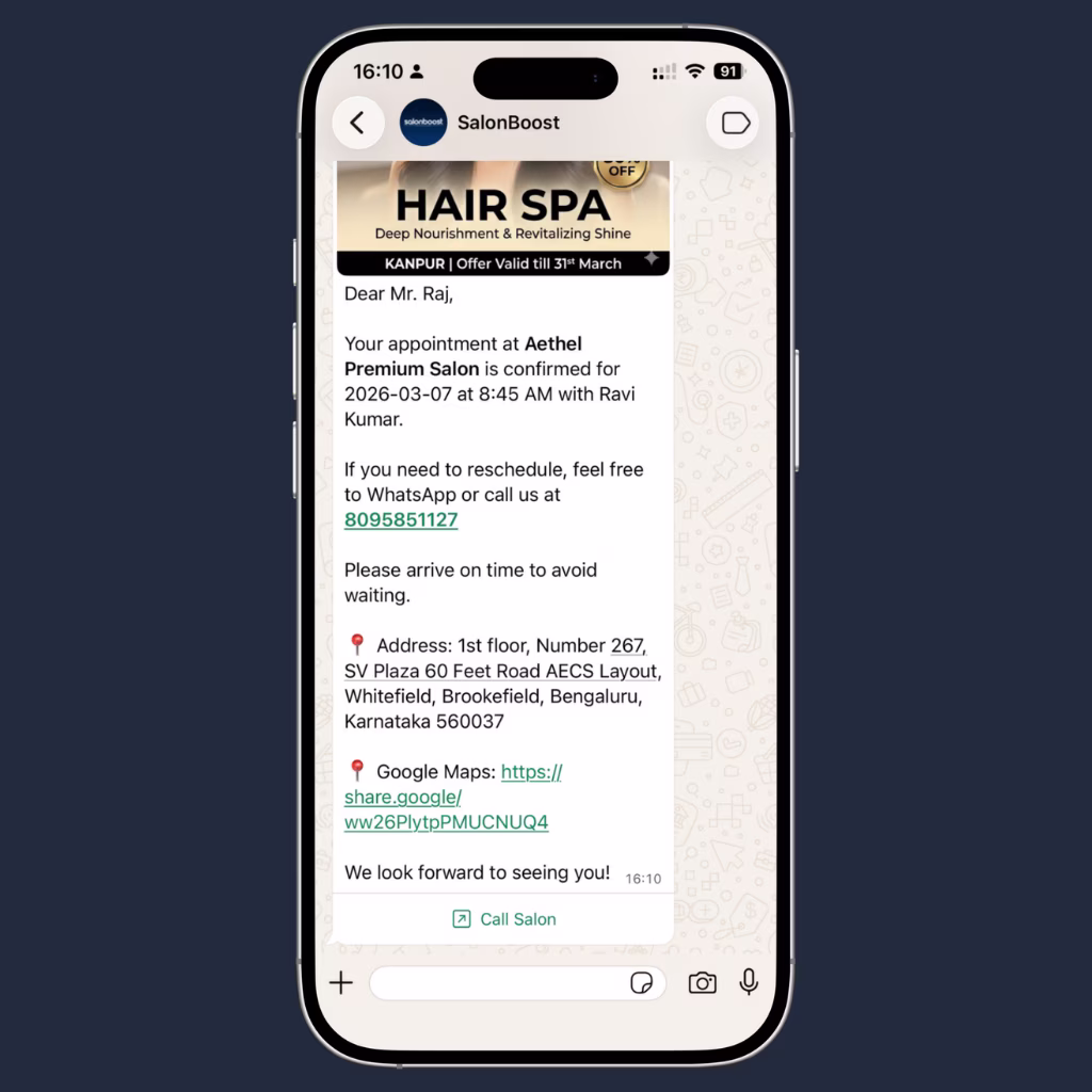 Automated WhatsApp appointment confirmation message