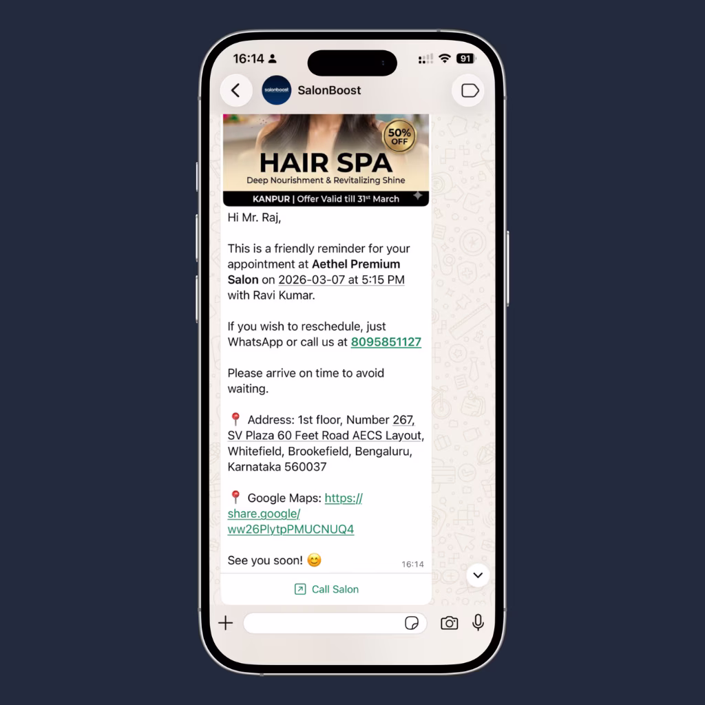 Automated WhatsApp appointment reminder reducing no-shows