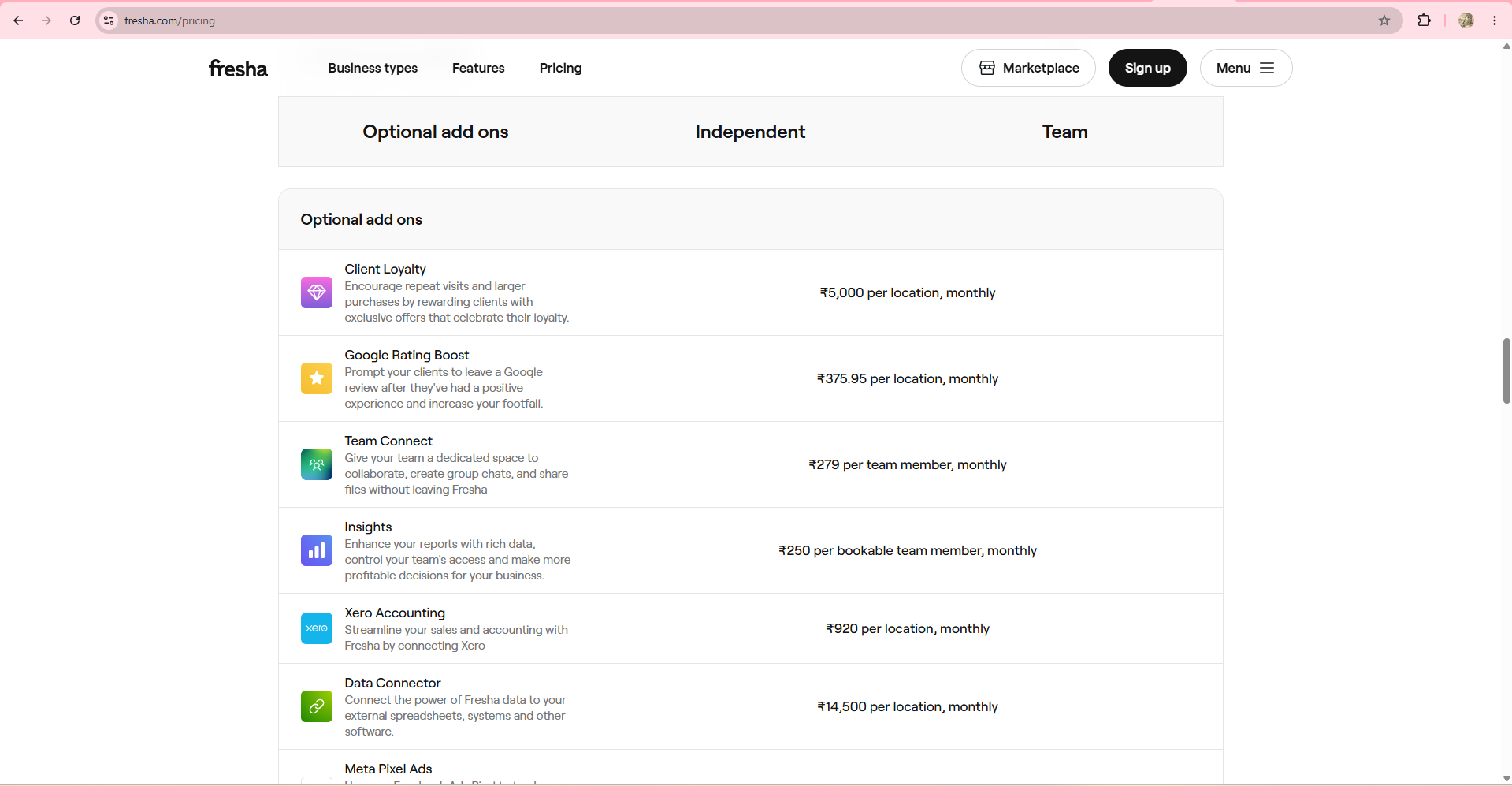 Fresha India optional add-ons pricing — Client Loyalty, Google Rating Boost, Team Connect, Insights, Xero and Data Connector