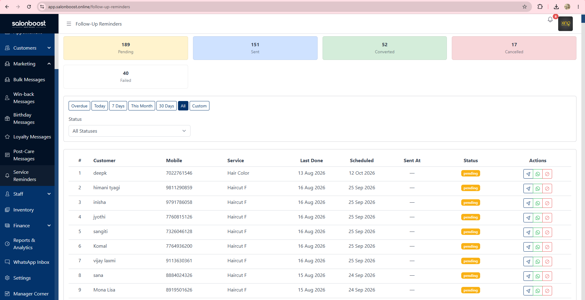 SalonBoost Follow-Up Reminders dashboard scheduling WhatsApp service reminders per client