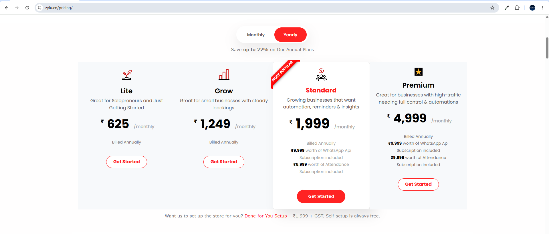 Zylu India pricing page — Lite, Grow, Standard and Premium annual plans with setup fee