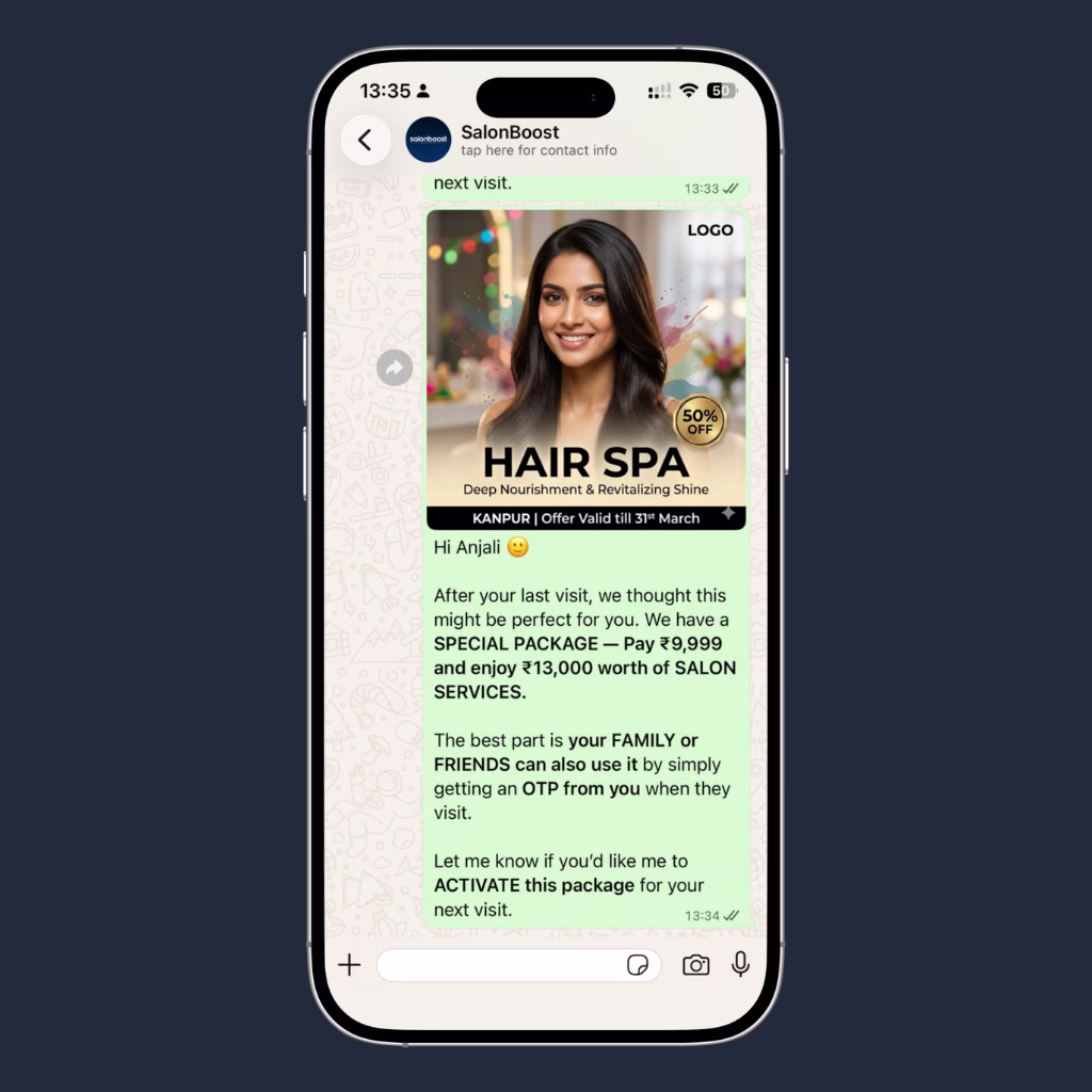 WhatsApp prepaid package tracker and balance updates for salon clients