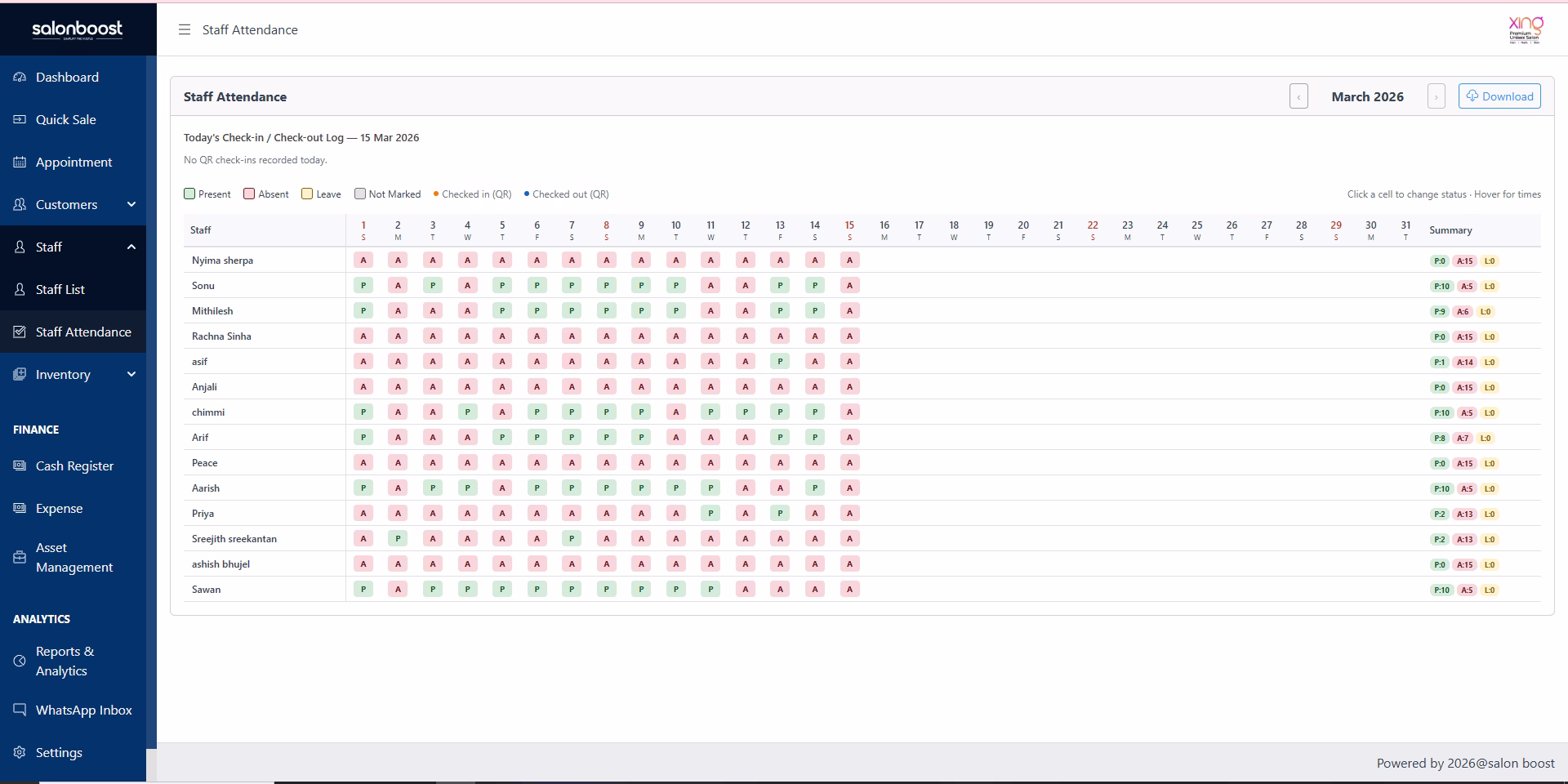 SalonBoost attendance dashboard showing daily and monthly staff attendance overview with present, absent, and leave tracking