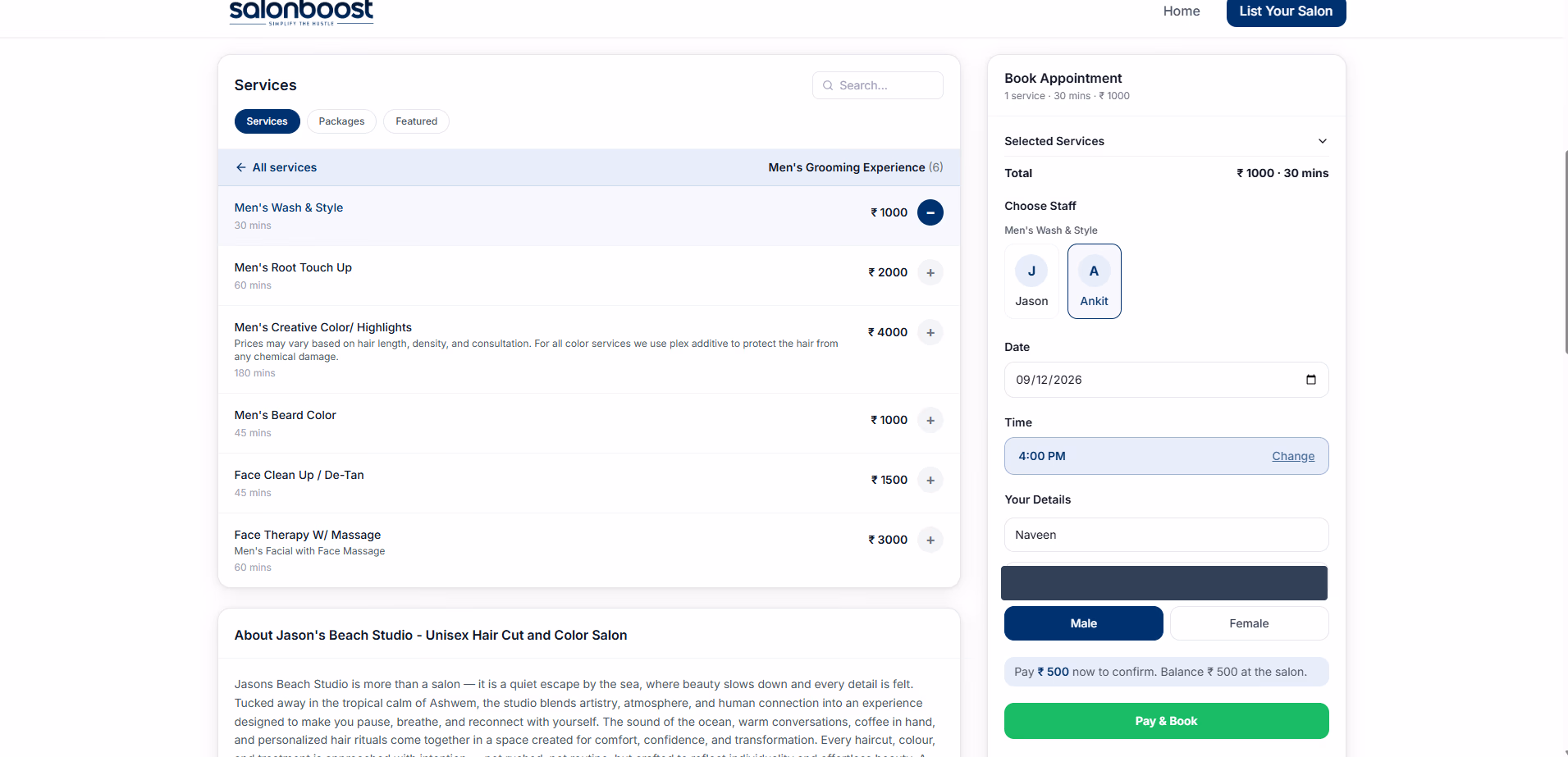 SalonBoost booking page showing a ₹500 deposit required to confirm a ₹1,000 appointment, with the balance due at the salon