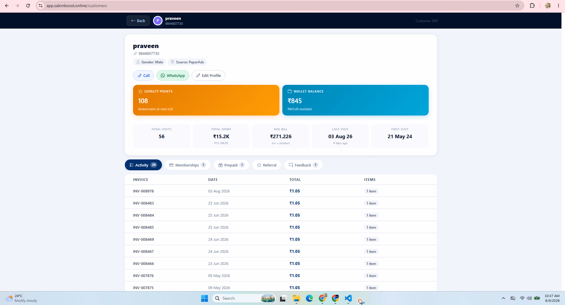 SalonBoost salon CRM client profile showing visit history, services taken, total spend, loyalty points and stylist notes