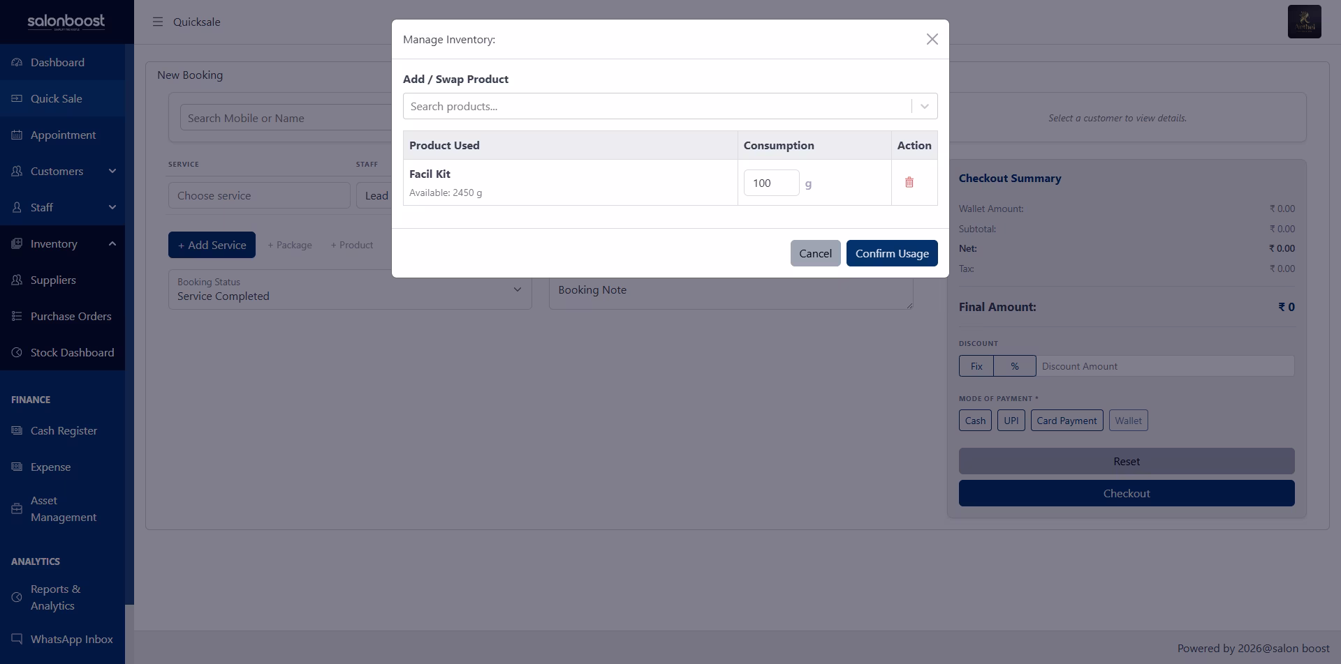 Automatic product deduction during salon billing