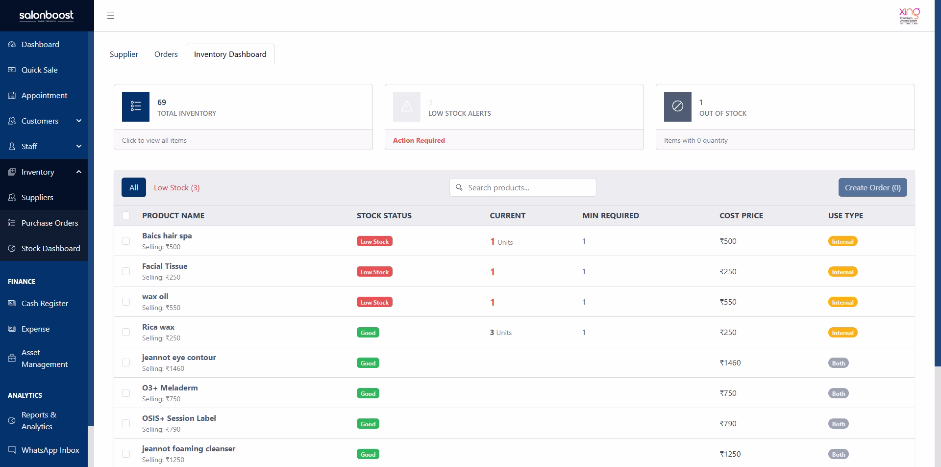 SalonBoost salon inventory management dashboard — real-time stock tracking
