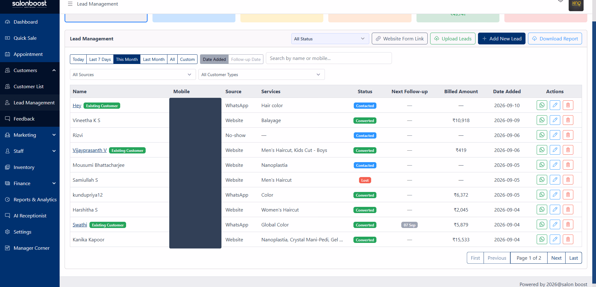 SalonBoost Lead Management dashboard showing a client automatically tagged No-show after a missed appointment