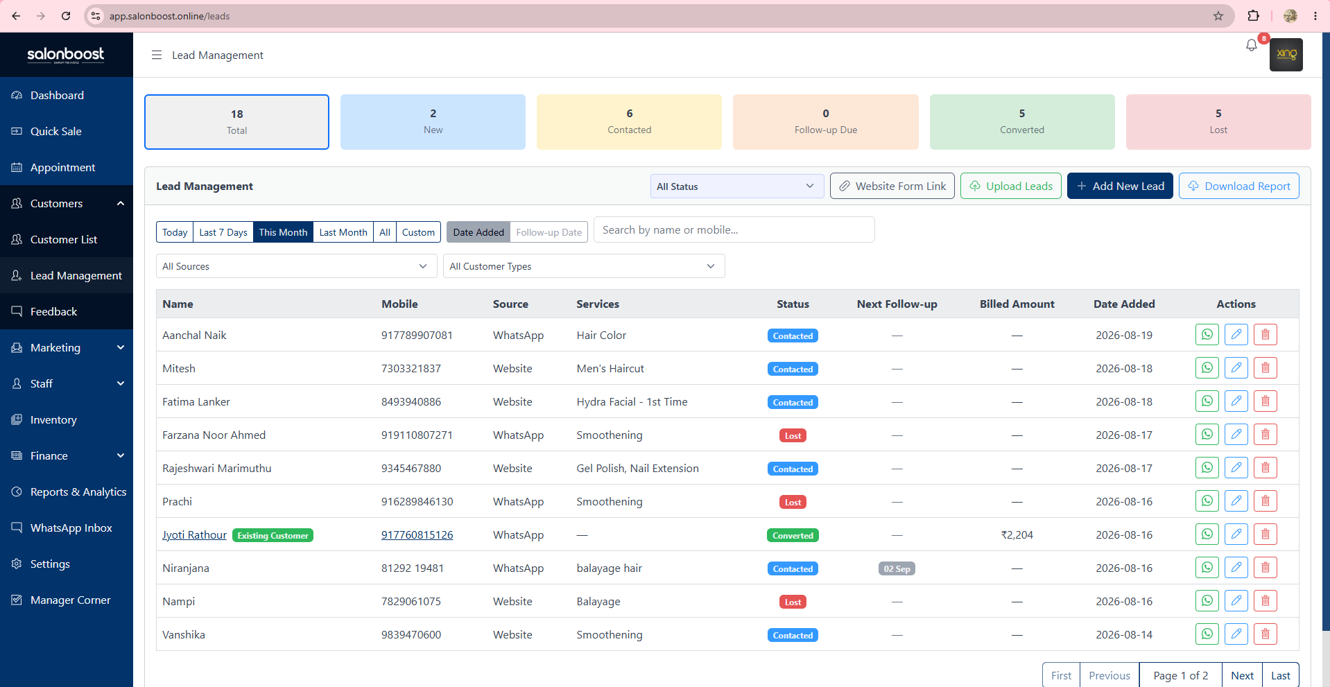 SalonBoost lead management pipeline — enquiries with source, status, next follow-up and billed amount