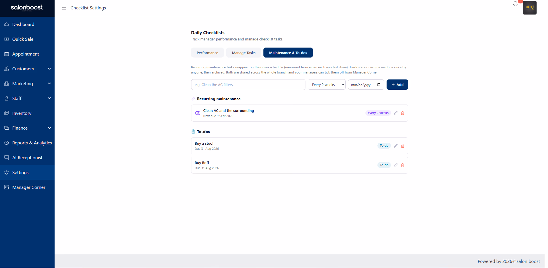 Maintenance & to-dos — SalonBoost