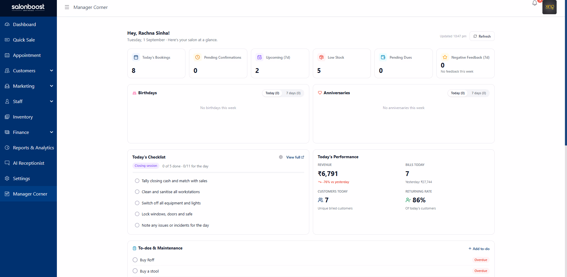 Manager Corner dashboard — SalonBoost