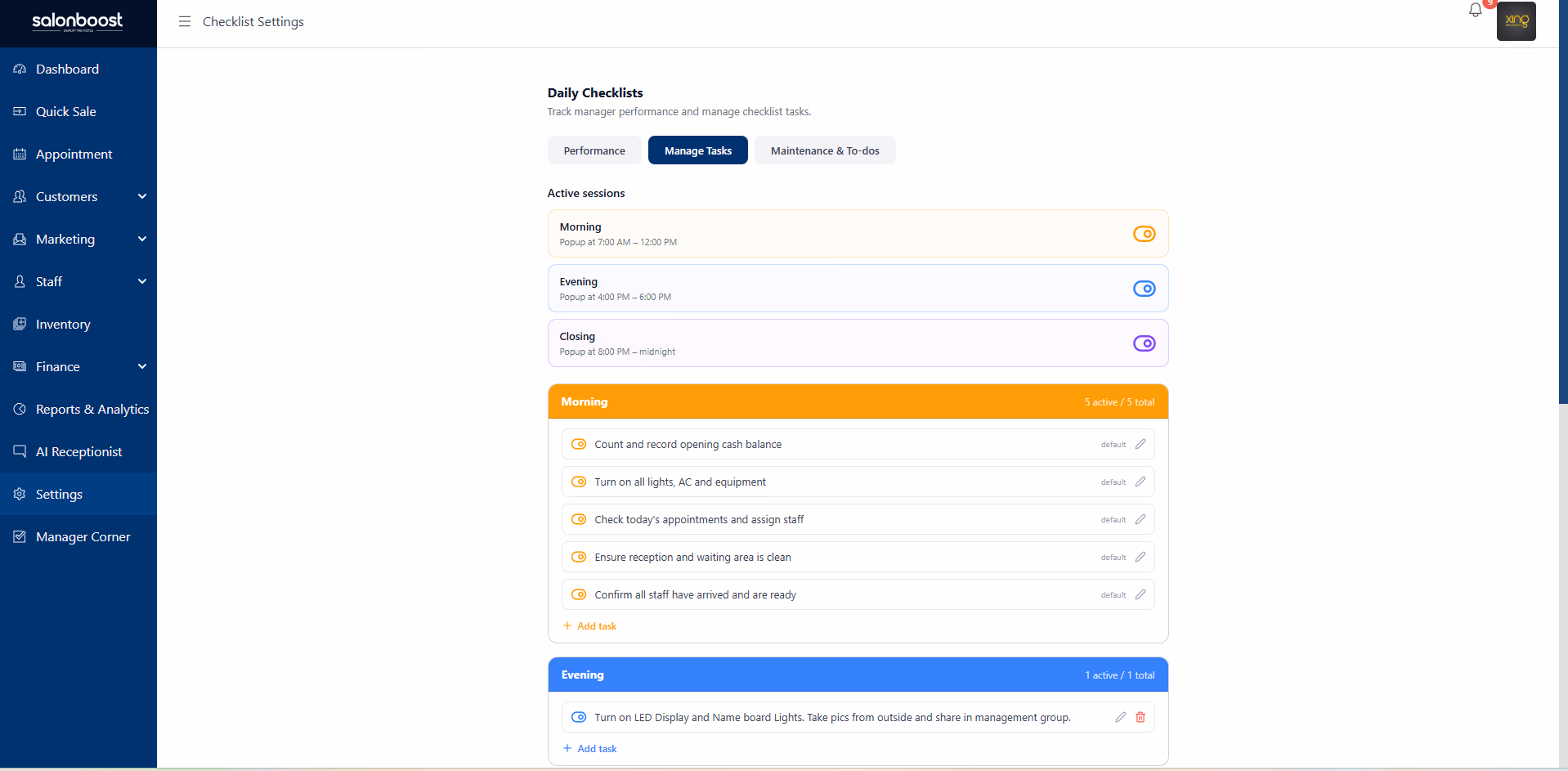 Timed checklist sessions — SalonBoost