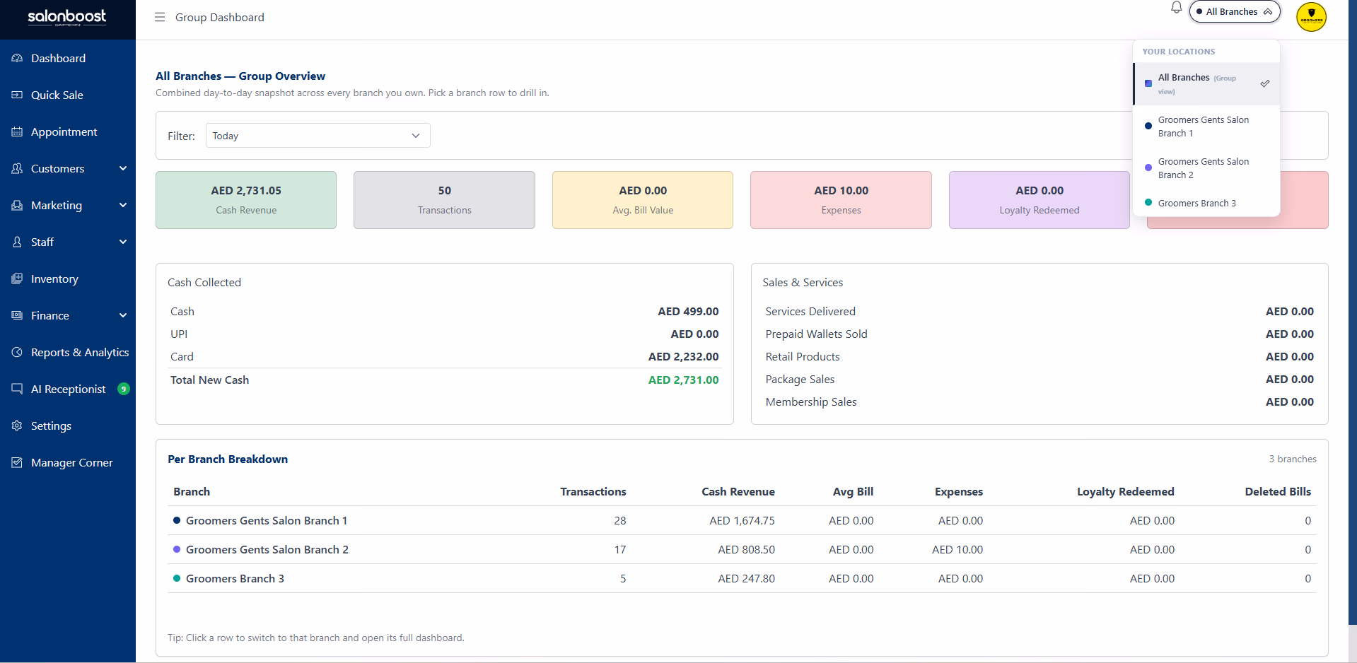 SalonBoost branch switcher listing all locations under one login — SalonBoost