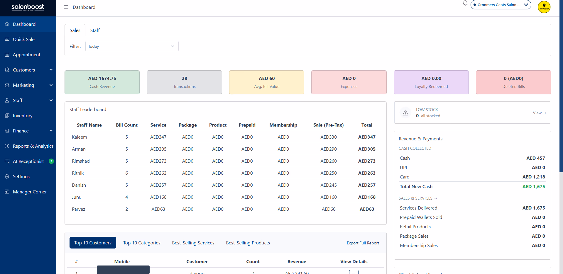 SalonBoost single-branch dashboard with its own staff leaderboard — SalonBoost