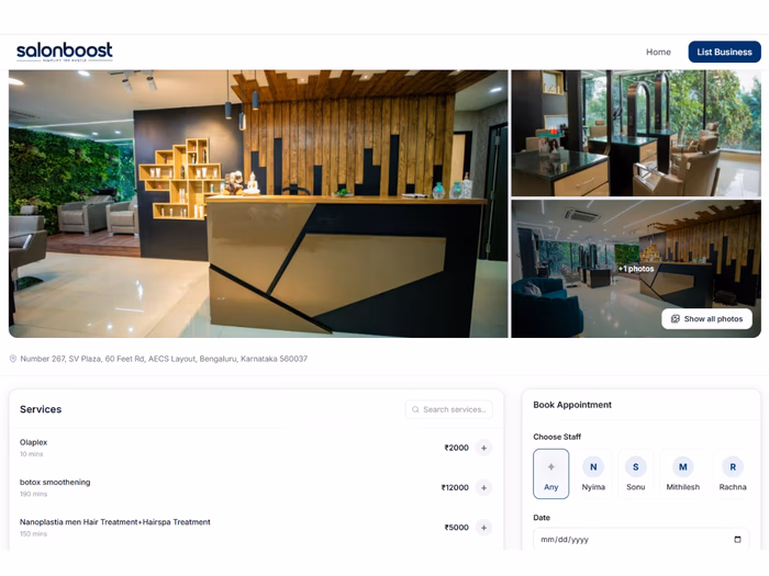 Online salon appointment booking page powered by SalonBoost