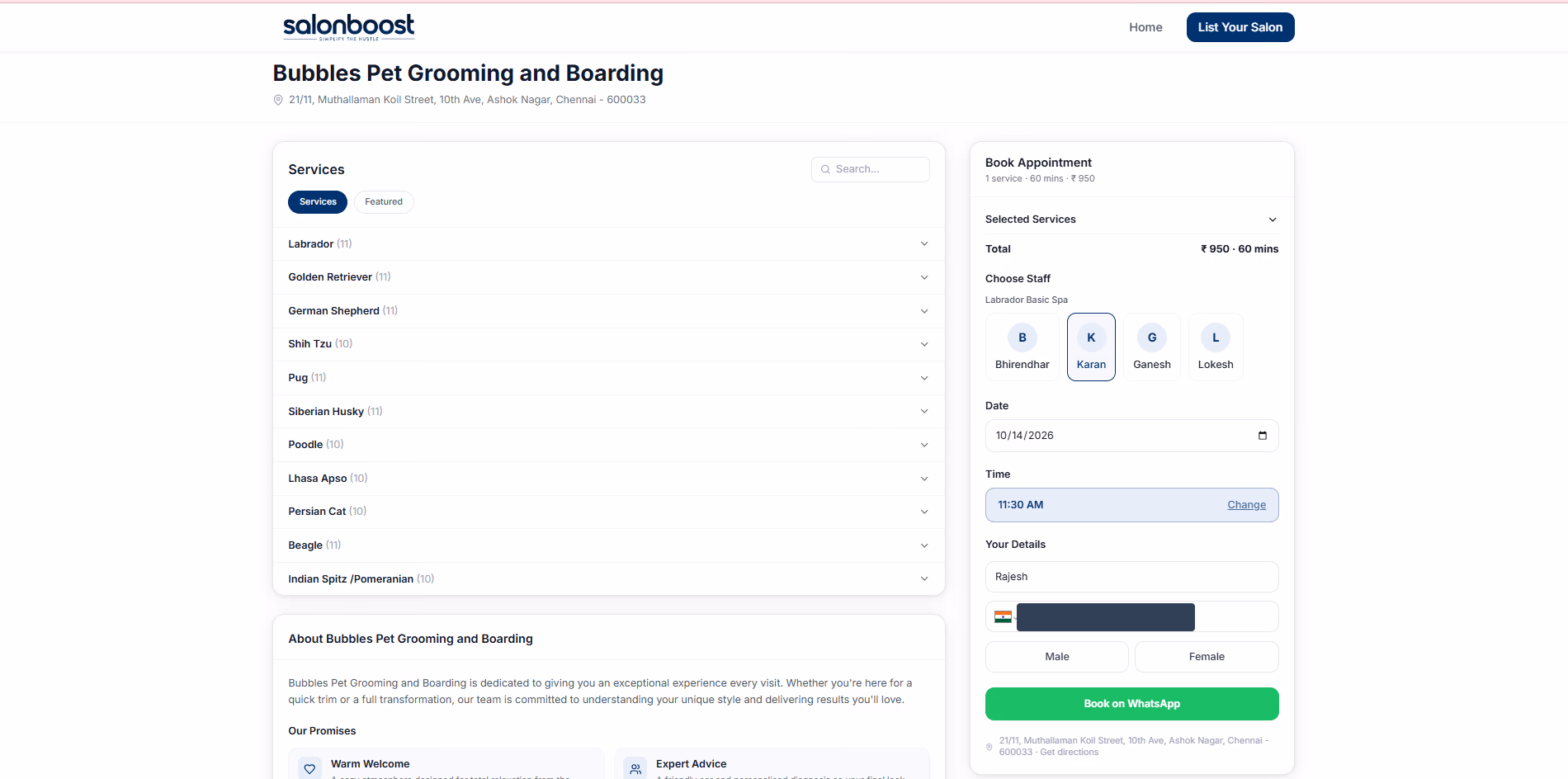 SalonBoost pet grooming online booking page with breed-wise service menu, groomer selection, and date and time picker