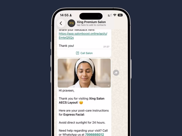 Automated post-care WhatsApp message with hair care tips