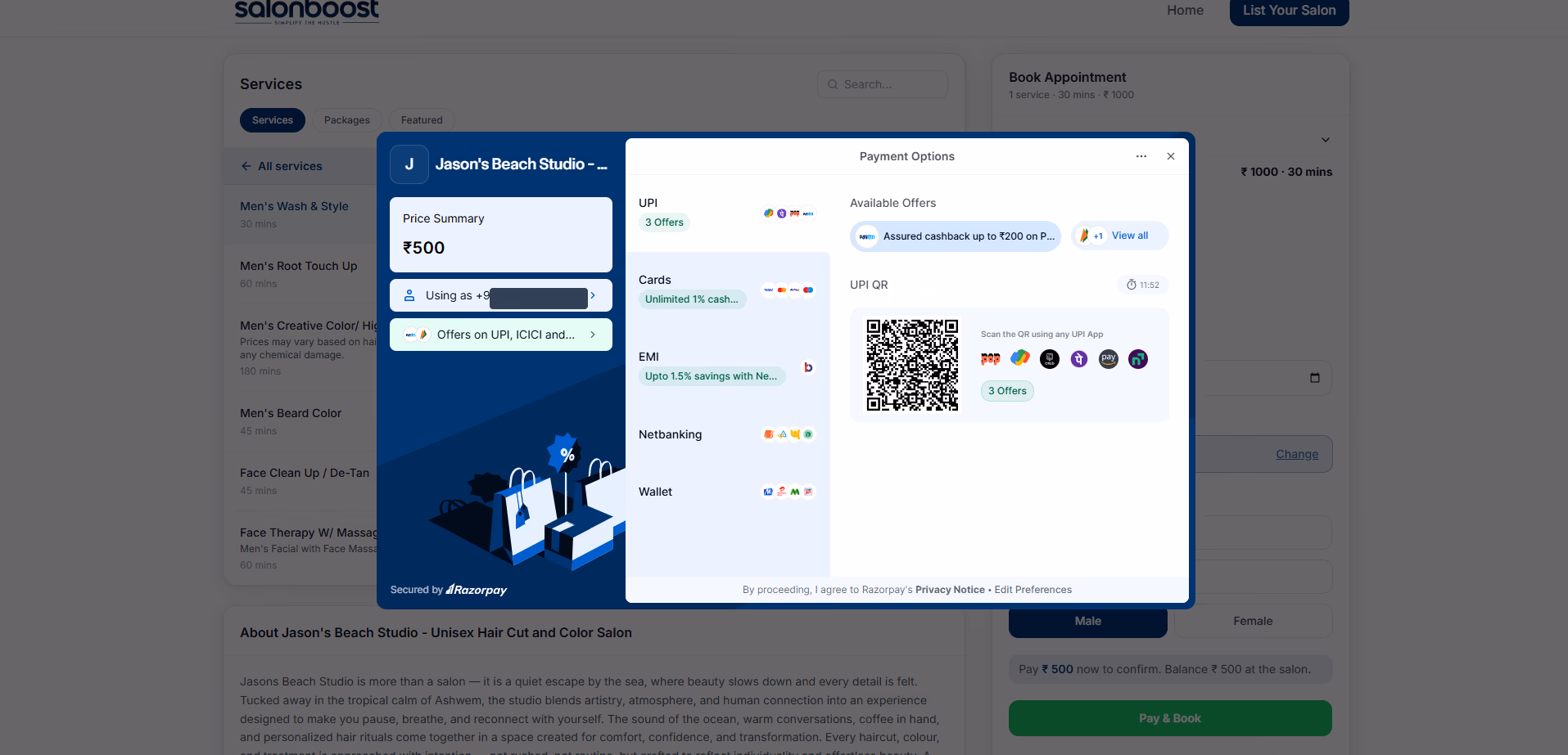 Razorpay payment options on a SalonBoost booking page showing UPI, cards, EMI, netbanking, and wallet options for a ₹500 deposit