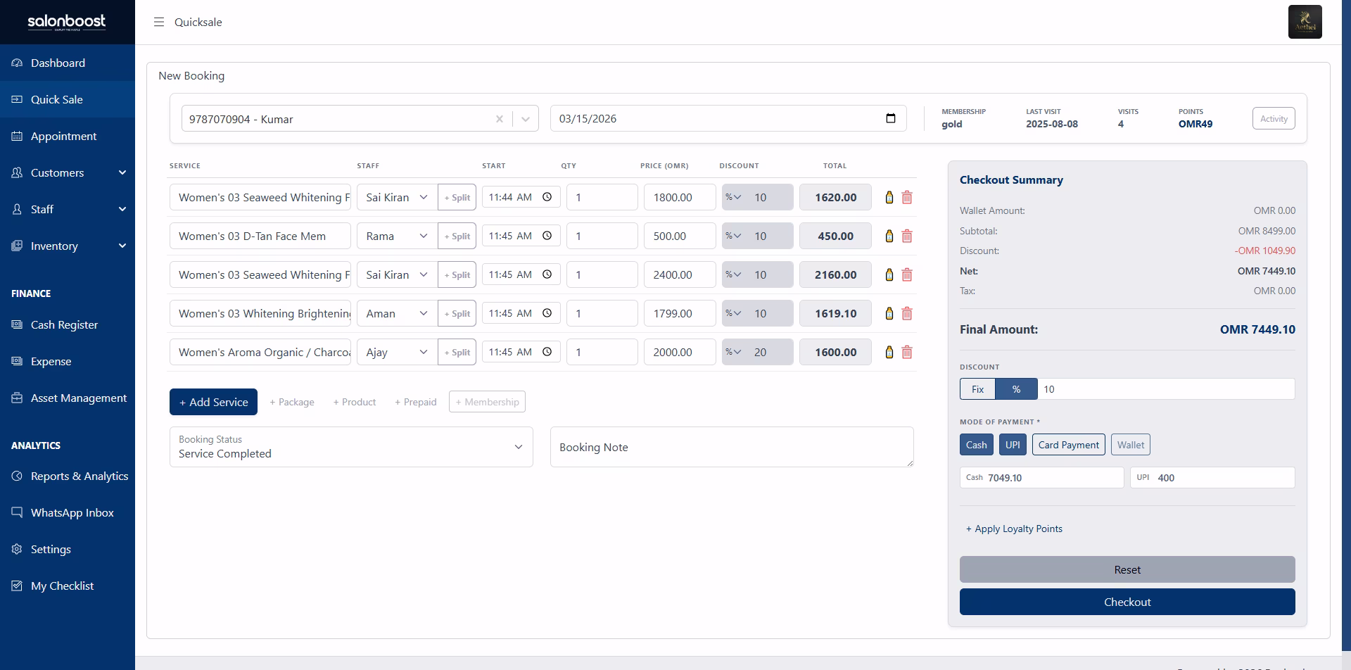 SalonBoost aesthetic clinic software โ billing screen showing treatment selection, GST invoice, and payment mode options
