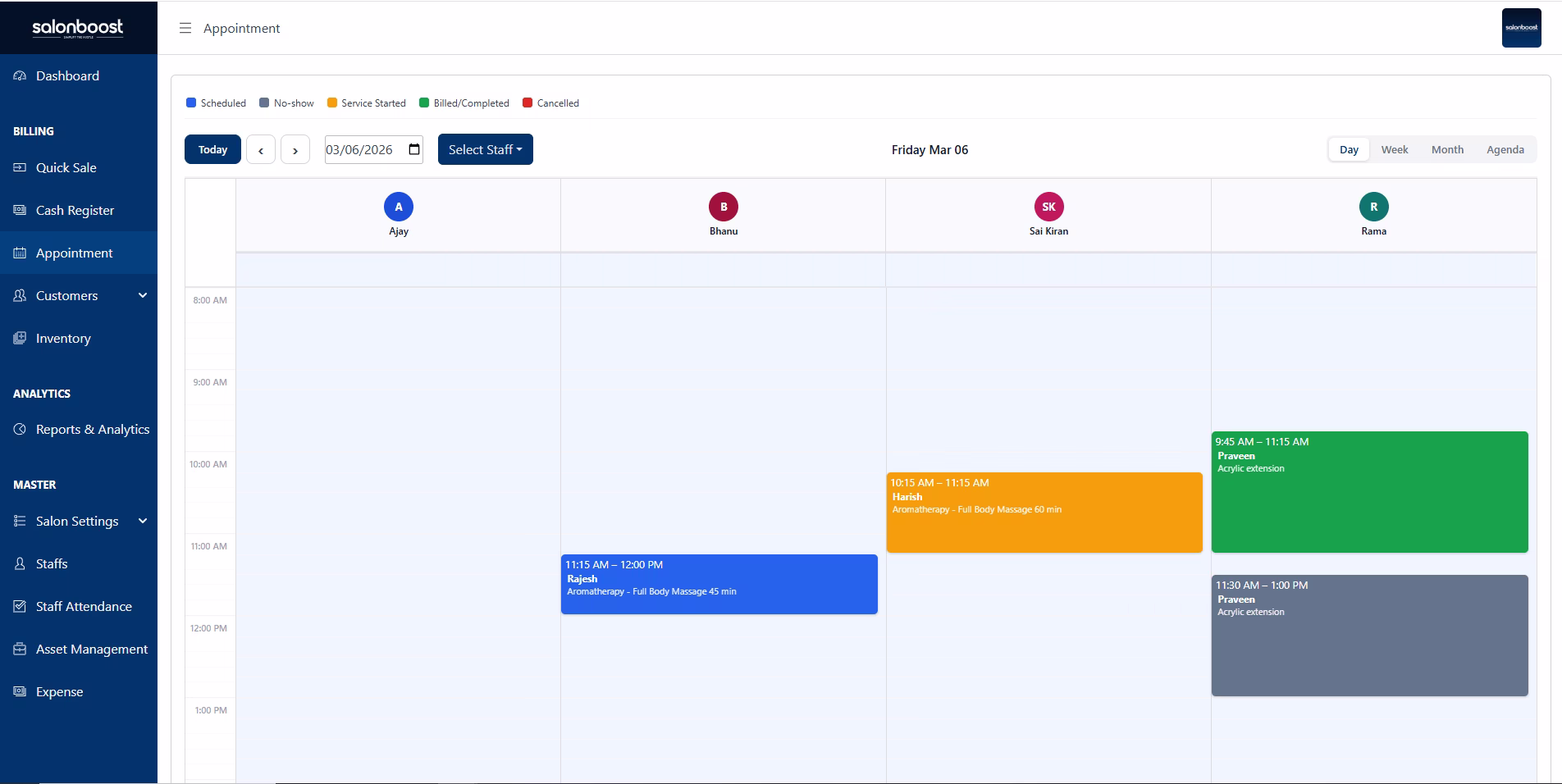 SalonBoost salon appointment calendar — multi-stylist view