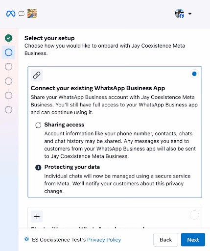 WhatsApp Embedded Signup 'Select your setup' screen with the option 'Connect your existing WhatsApp Business App' selected
