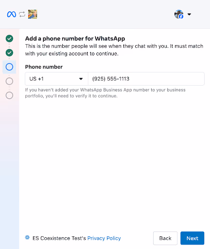 'Add a phone number for WhatsApp' screen with a country code dropdown and phone number field