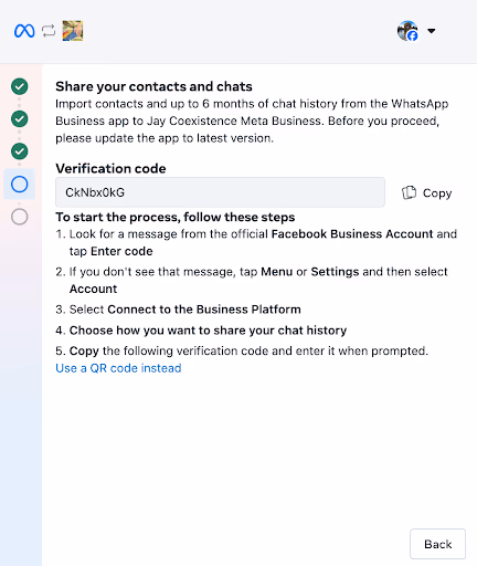 'Share your contacts and chats' screen showing a verification code and numbered steps to follow on the phone