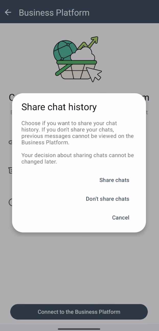 'Share chat history' dialog with Share chats, Don't share chats, and Cancel options