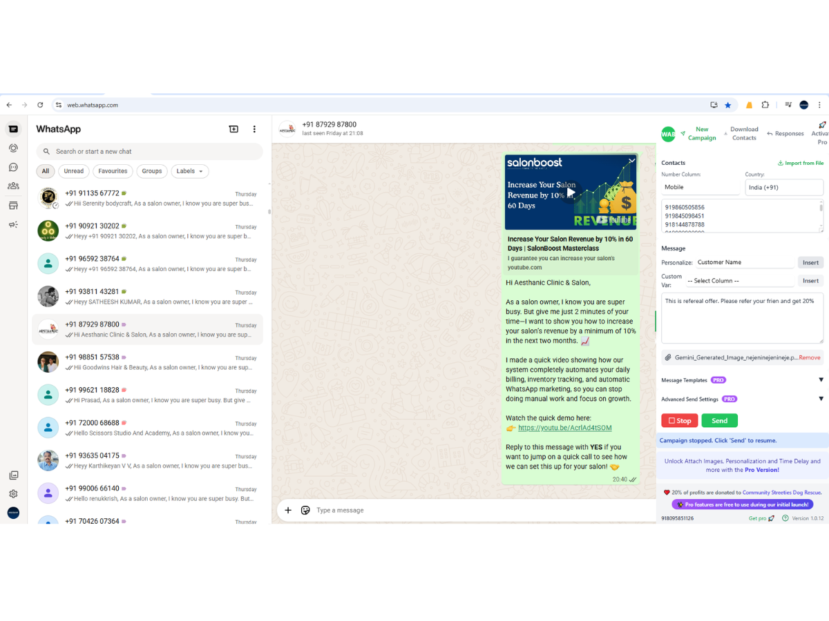 SalonBoost WhatsApp campaign and messaging dashboard