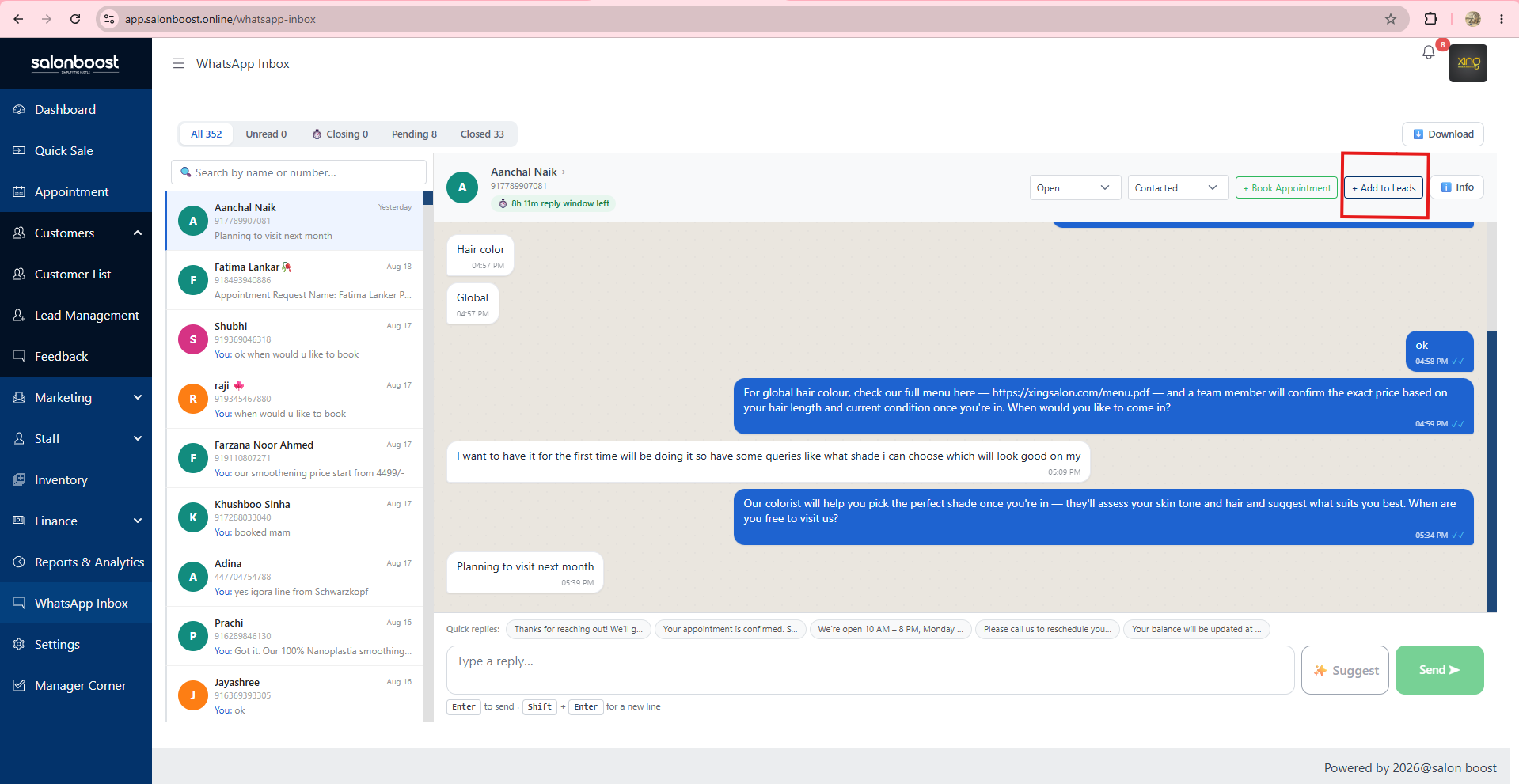 SalonBoost WhatsApp inbox with the + Add to Leads button on an open conversation