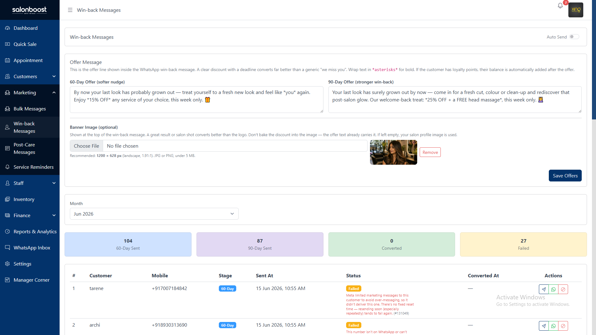 SalonBoost WhatsApp bulk campaign dashboard showing client segments and a targeted Marketing broadcast