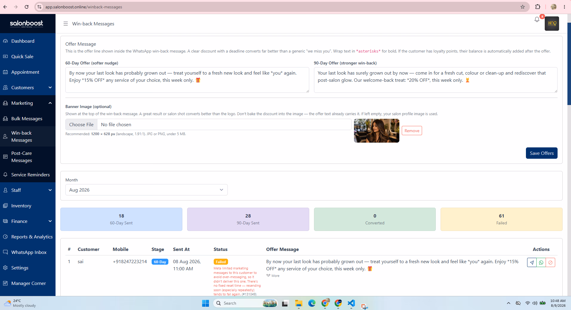 SalonBoost salon CRM automated WhatsApp win-back campaign targeting clients who have not visited in 60 days